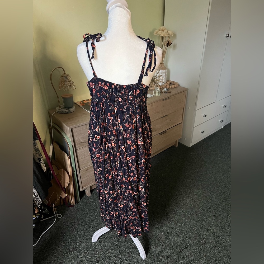 Navy Floral Print Midi Swing Tie Shoulder Square Neck Casual Flowy Summer Dress - Picture 9 of 16